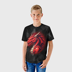 Футболка детская Красный дракон на полигональном черном фоне, цвет: 3D-принт — фото 2