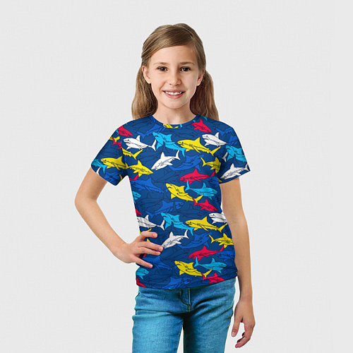 Детская футболка Разноцветные акулы на глубине / 3D-принт – фото 5