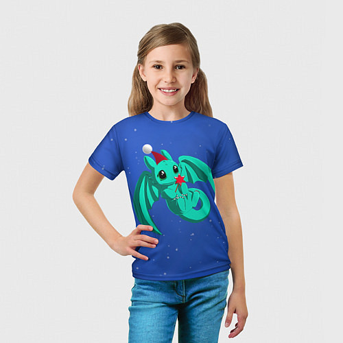 Детская футболка Новогодний дракончик бирюзовый / 3D-принт – фото 5