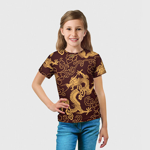 Детская футболка Черно-золотая гравюра дракона / 3D-принт – фото 5