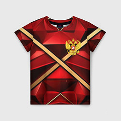 Детская футболка Герб России на красном абстрактном фоне