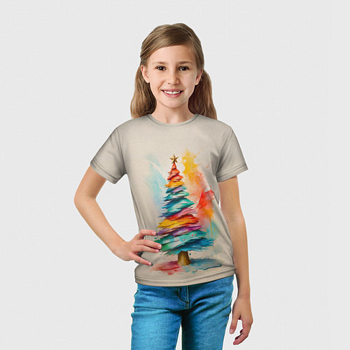 Детская футболка Новогодняя ель акварелью на холсте / 3D-принт – фото 5