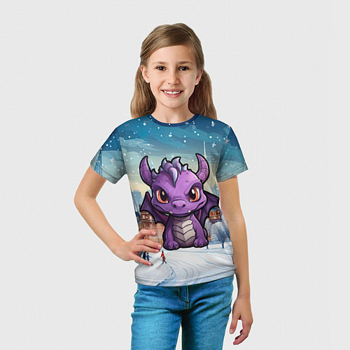 Детская футболка Фиолетовый недовольный дракон / 3D-принт – фото 5