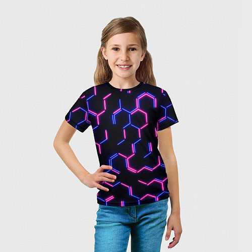 Детская футболка Сине-розовые неоновые неполные гексагоны / 3D-принт – фото 5