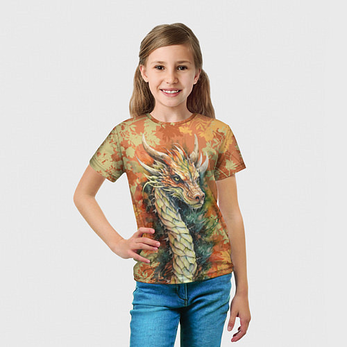 Детская футболка Зеленый древесный дракон с листьями / 3D-принт – фото 5