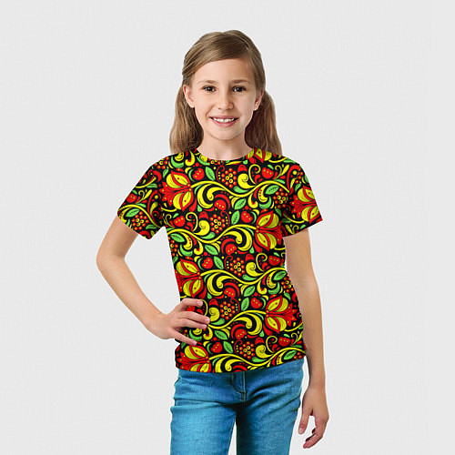Детская футболка Хохломская роспись красные цветы и ягоды / 3D-принт – фото 5