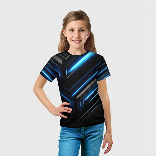 Детская футболка Черный абстрактный фон и синие неоновые вставки / 3D-принт – фото 5
