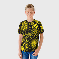 Футболка детская Хохломская роспись золотые цветы на чёроном фоне, цвет: 3D-принт — фото 2