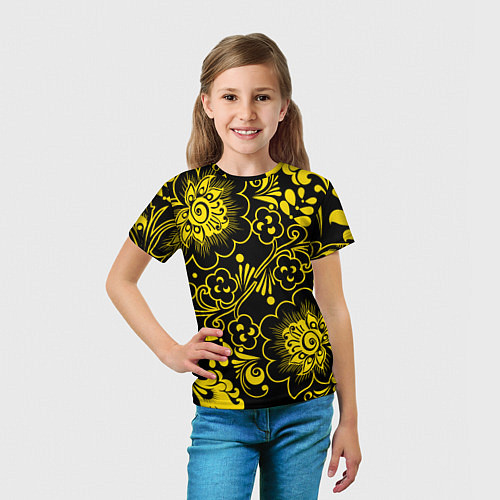 Детская футболка Хохломская роспись золотые цветы на чёроном фоне / 3D-принт – фото 5