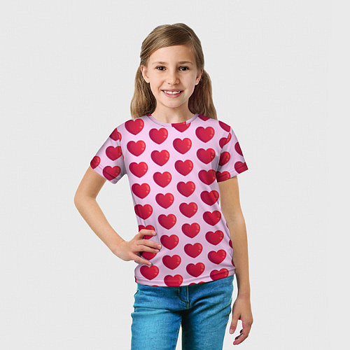 Детская футболка Красные сердца на розовом фоне / 3D-принт – фото 5