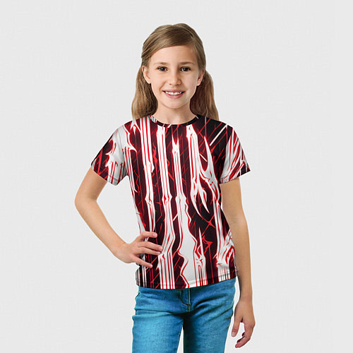 Детская футболка Красные неоновые полосы на чёрном фоне / 3D-принт – фото 5