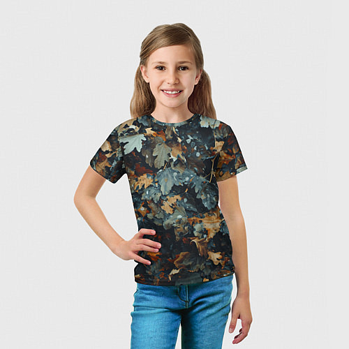 Детская футболка Реалистичный камуфляж из сухих листьев / 3D-принт – фото 5