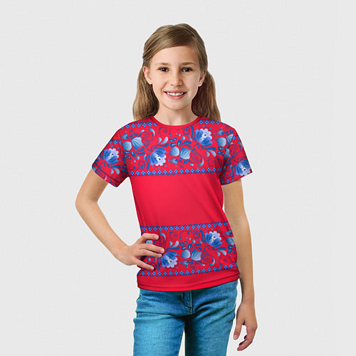 Детская футболка Голубая гжель на красном фоне / 3D-принт – фото 5