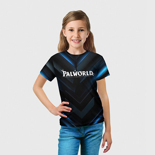 Детская футболка Palworld logo blue neon abstract black / 3D-принт – фото 5