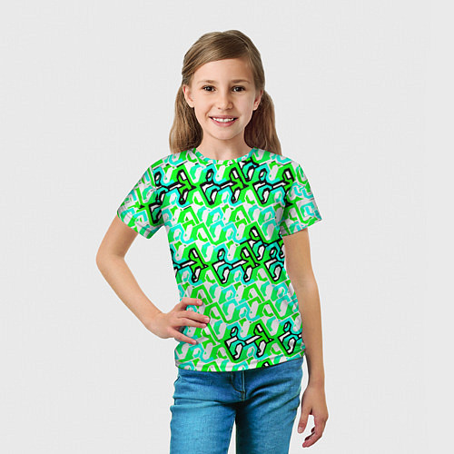 Детская футболка Зелёный узор и бело-чёрная обводка / 3D-принт – фото 5