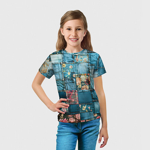 Детская футболка Джинсовые лоскуты с цветочками / 3D-принт – фото 5