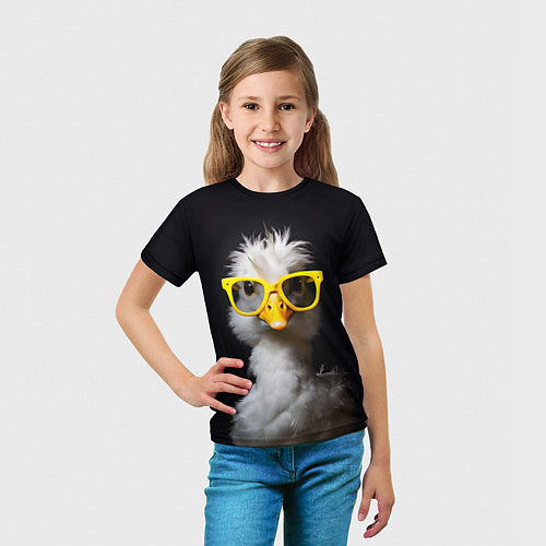 Детская футболка Белый гусь в желтых очках на черном фоне / 3D-принт – фото 5