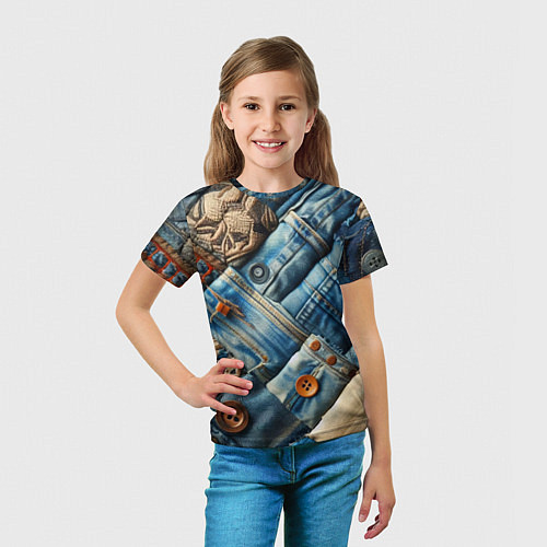 Детская футболка Джинсовый пэчворк с пуговицами - мода / 3D-принт – фото 5