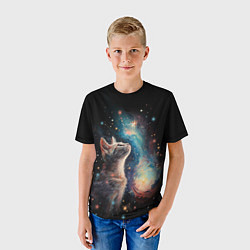 Футболка детская Котик смотрит на небо космоса, цвет: 3D-принт — фото 2