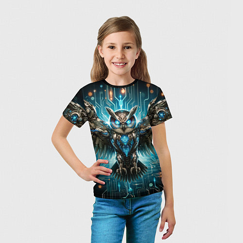 Детская футболка Величественная кибернетическая сова на фоне футури / 3D-принт – фото 5