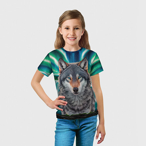 Детская футболка Серый волк стоящий перед водопадом под северным си / 3D-принт – фото 5