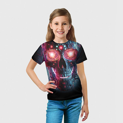 Детская футболка Неоновый кибер череп - нейросеть / 3D-принт – фото 5