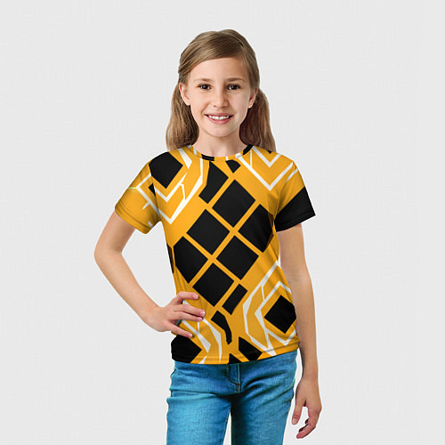 Детская футболка Чёрные квадраты и белые полосы на оранжевом фоне / 3D-принт – фото 5