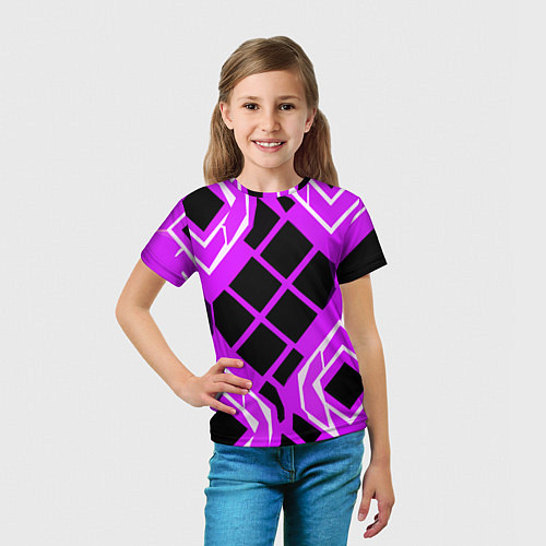 Детская футболка Чёрные квадраты и белые полосы на фиолетовом фоне / 3D-принт – фото 5