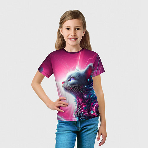 Детская футболка Космический кибер котёнок - неоновое свечение / 3D-принт – фото 5