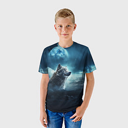 Футболка детская Волк ночью под луной, цвет: 3D-принт — фото 2