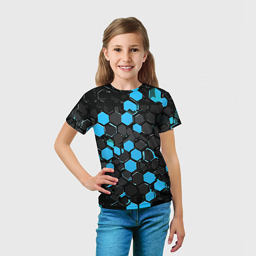 Детская футболка Сине-серые шестиугольники на чёрном фоне / 3D-принт – фото 5