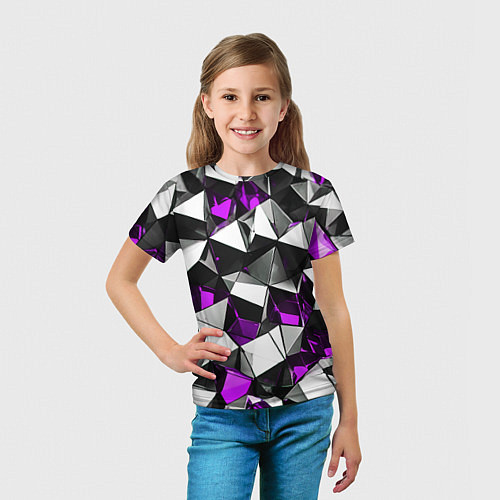 Детская футболка Фиолетово-белые рельефные треугольники на чёрном ф / 3D-принт – фото 5