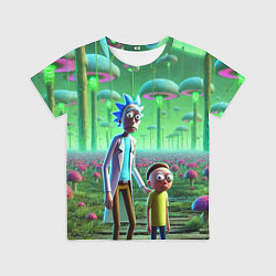 Футболка детская Рик и Морти в фантастическом неоновом грибном лесу, цвет: 3D-принт