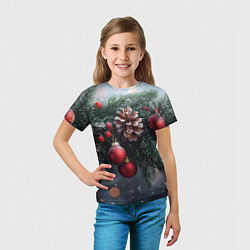 Футболка детская Красные игрушки на елке и шишки, цвет: 3D-принт — фото 2