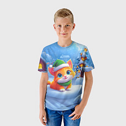 Футболка детская Новогодний котенок в зеленой шапочке, цвет: 3D-принт — фото 2