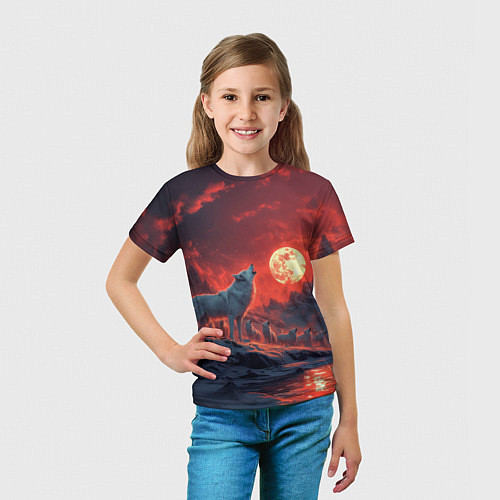 Детская футболка Белый волк воет на луну / 3D-принт – фото 5