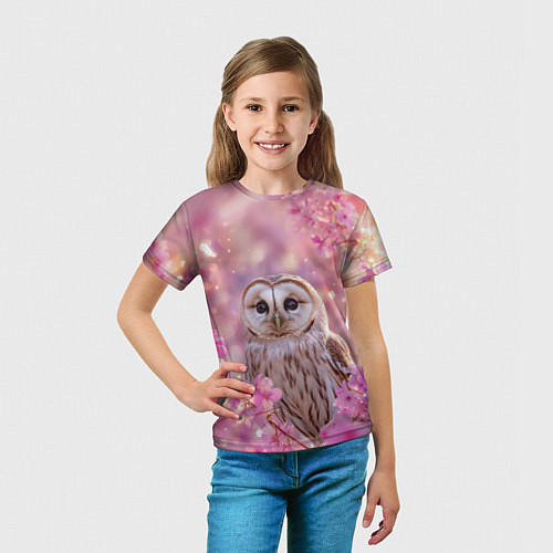 Детская футболка Белая сова и розовые цветы / 3D-принт – фото 5