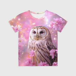 Футболка детская Большая сова в розовых цветах, цвет: 3D-принт