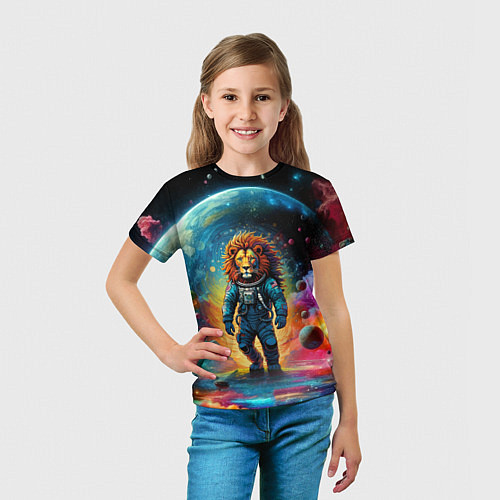 Детская футболка Лев бравый космонавт - неоновый космос / 3D-принт – фото 5
