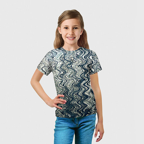 Детская футболка Бело-синий искажённые абстрактные линии / 3D-принт – фото 5
