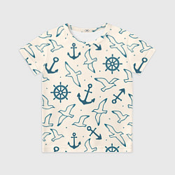 Футболка детская Морской паттерн из штурвалов, чаек и якорей, цвет: 3D-принт