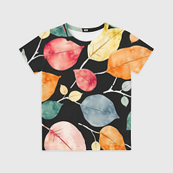 Футболка детская Разноцветные акварельные листья на чёрном, AI, цвет: 3D-принт