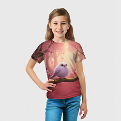 Футболка детская Сиреневая птица в розовом цветущем лесу, цвет: 3D-принт — фото 2