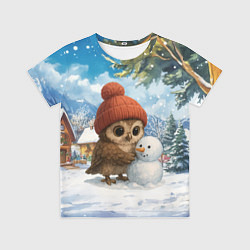 Футболка детская Совушка в шапочке лепит снеговика, цвет: 3D-принт