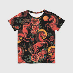 Футболка детская Красная лошадь с розами, цвет: 3D-принт