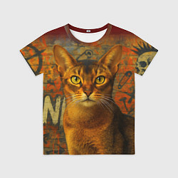 Футболка детская Абиссинская кошка на фоне кирпичной стены с граффи, цвет: 3D-принт