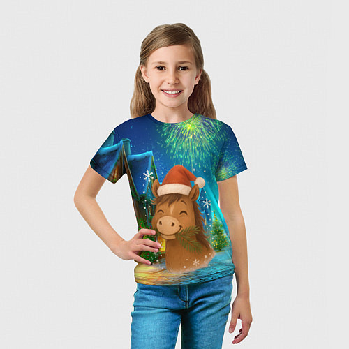 Детская футболка Новогодняя лошадка жует елочные ветки / 3D-принт – фото 5