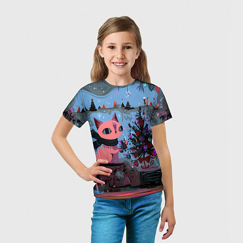 Детская футболка Кошка празднует Новый год / 3D-принт – фото 5