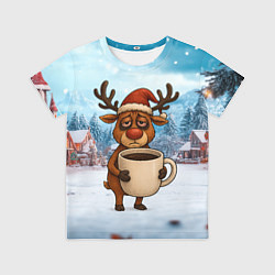 Футболка детская Уставший новогодний олень с кофе, цвет: 3D-принт