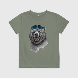 Футболка хлопковая детская Медведь в очках, цвет: авокадо